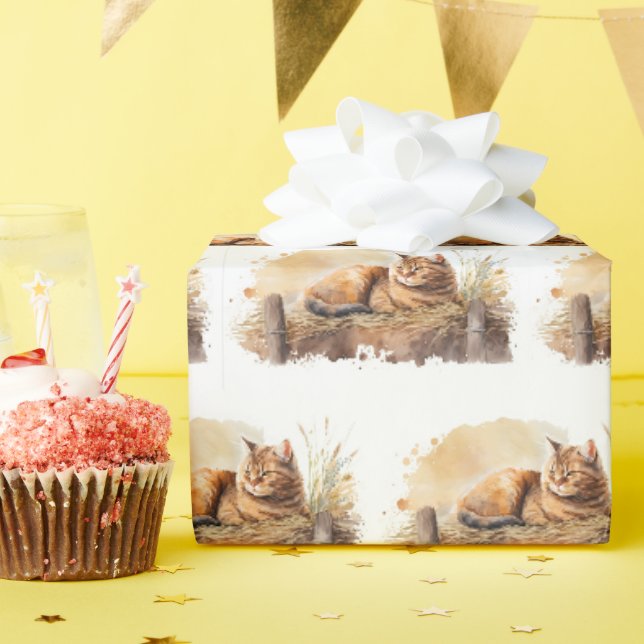 Watercolor Ginger Cat On Hay Wrapping Paper (Birthday Party)