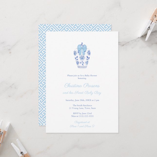 Watercolor Ginger Jar Blue Ribbon Baby Boy Shower Invitation (Front/Back In Situ)