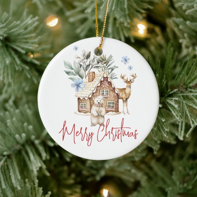 Watercolor Gingerbread House, Polar Bear & Reindee Ceramic Ornament (Tree)