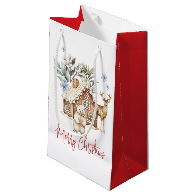 Watercolor Gingerbread House, Polar Bear & Reindee Small Gift Bag (Front Angled)