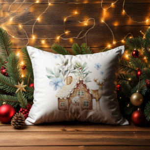 Watercolor Gingerbread House, Polar Bear & Reindee Throw Pillow