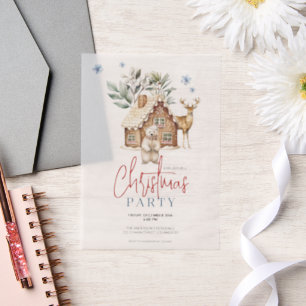 Watercolor Gingerbread House, Polar Bear & Reindee Vellum Invitations