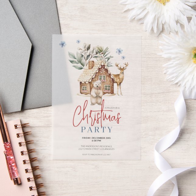 Watercolor Gingerbread House, Polar Bear & Reindee Vellum Invitations (Wedding)