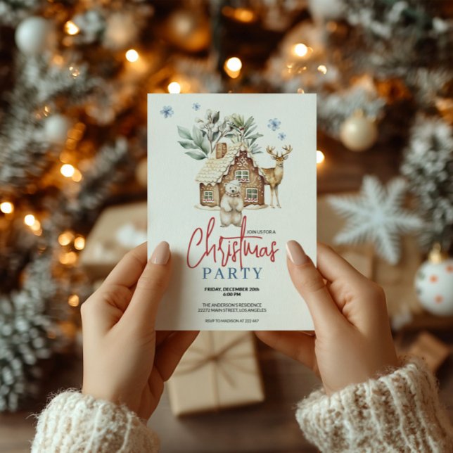 Watercolor Gingerbread House with Polar Bear and R Invitation (Creator Uploaded)