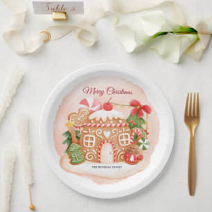 Watercolor Gingerbread House Xmas Holiday Party Paper Plate