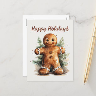 Watercolor gingerbread man add text Holiday  Postcard