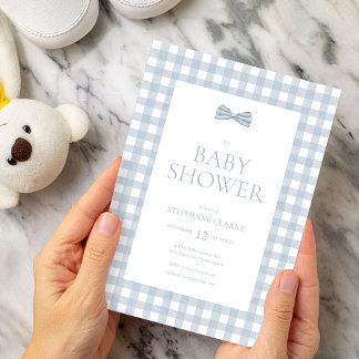 Watercolor Gingham & Bow Tie Boy Baby Shower Invitation