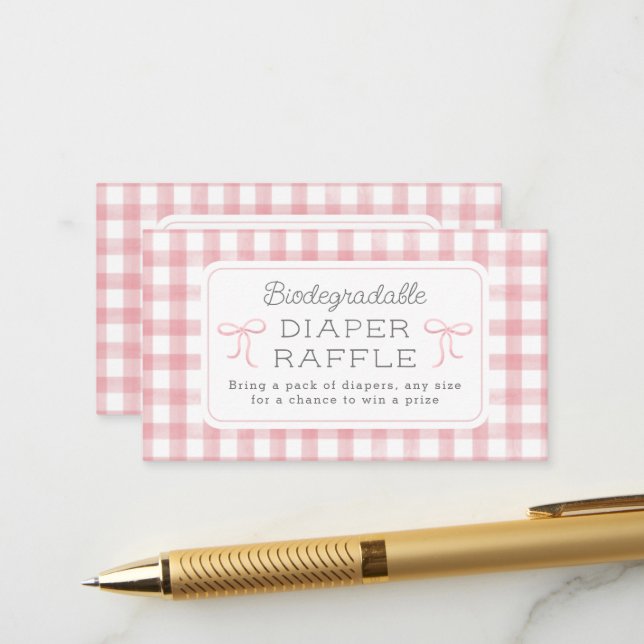 Watercolor Gingham Light Pink Diaper Raffle Small Enclosure Card (Front/Back In Situ)