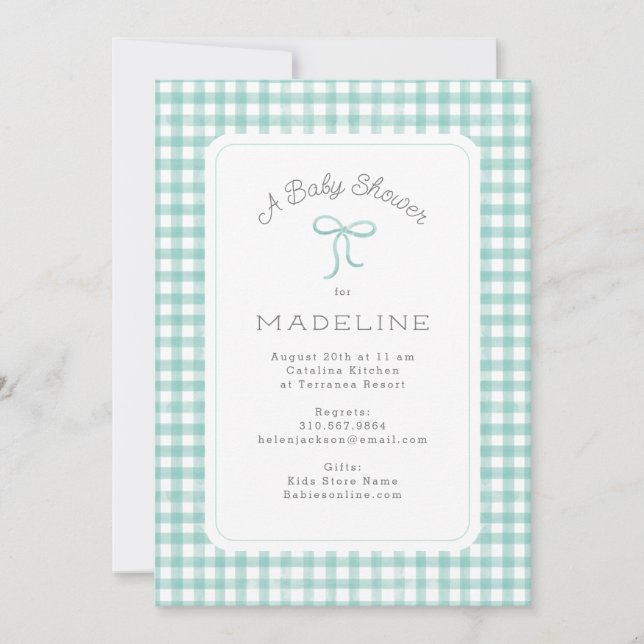Watercolor Gingham Mint Green Baby Shower Invitation (Front)