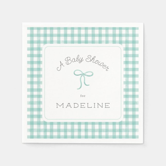 Watercolor Gingham Mint Green Baby Shower Napkin (Front)