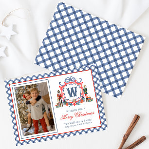 Watercolor Gingham Nutcracker Mouse Monogram Crest Holiday Card