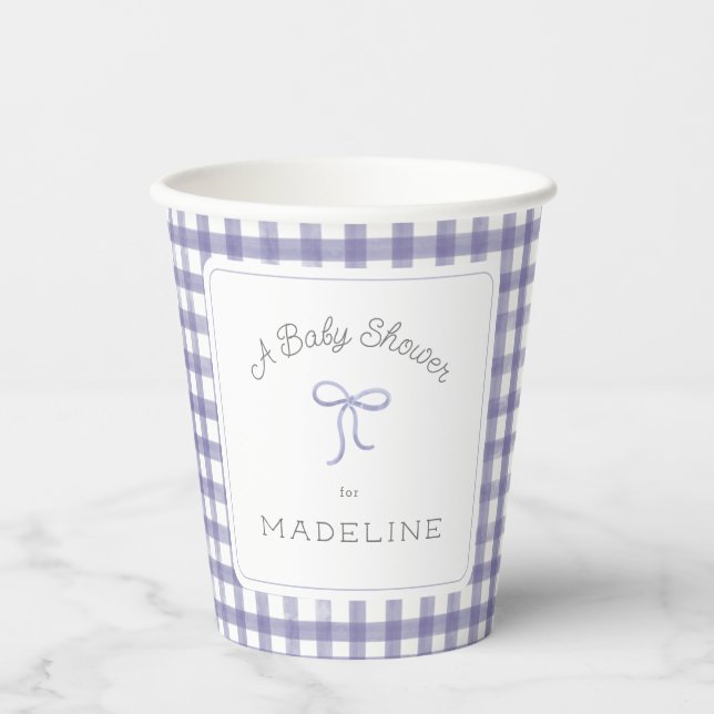 Watercolor Gingham Purple Baby Shower Paper Cups (Front)