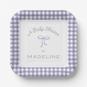 Watercolor Gingham Purple Baby Shower Paper Plate