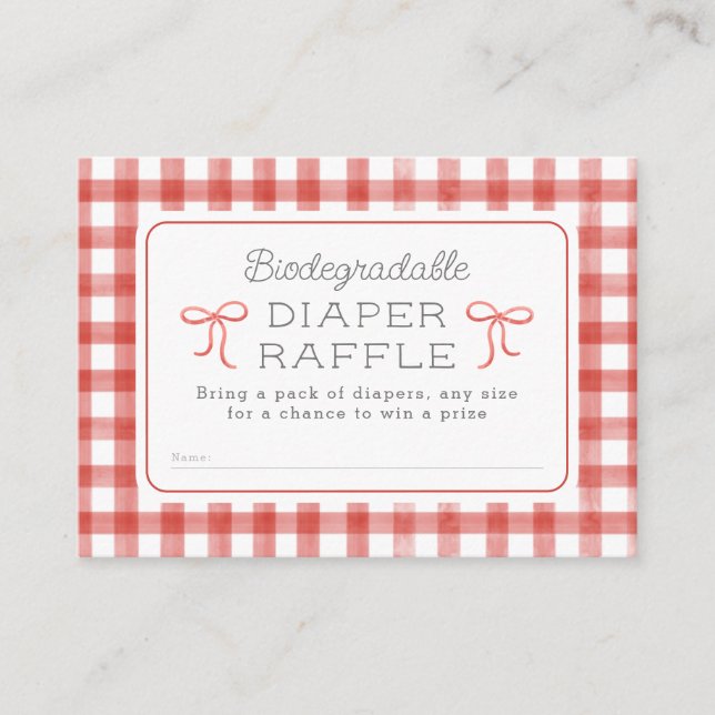 Watercolor Gingham Red Diaper Raffle Enclosure Card (Front)