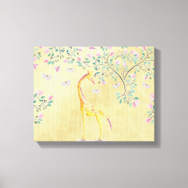 Watercolor Giraffe Butterflies and Blossom Canvas Print (Front)