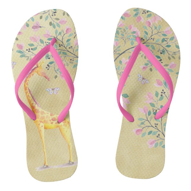 Watercolor Giraffe Butterflies and Blossom Flip Flops (Footbed)
