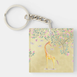 Watercolor Giraffe Butterflies and Blossom Keychain