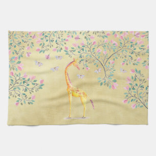 Watercolor Giraffe Butterflies and Blossom Kitchen Towel