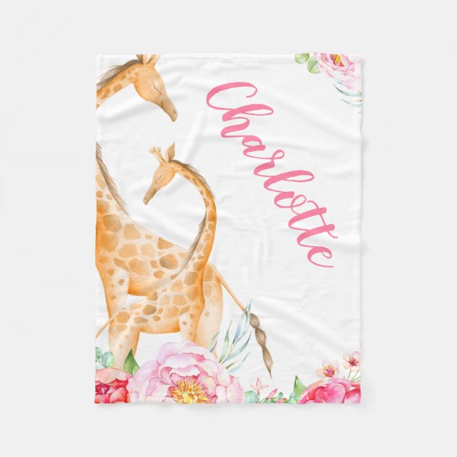 Watercolor Giraffe Floral Girl Personalized Fleece Blanket (Front)