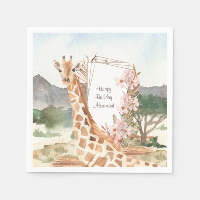 Watercolor Giraffe in African Savannah Birthday Napkin (Front)