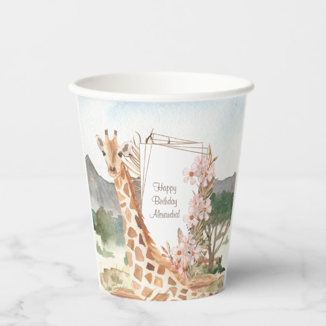 Watercolor Giraffe in African Savannah Birthday Paper Cups (Front)