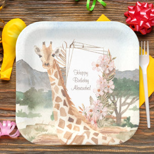 Watercolor Giraffe in African Savannah Birthday Paper Plate