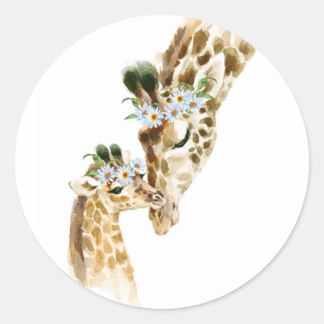 Watercolor Giraffe Mama and Baby Classic Round Sticker (Front)