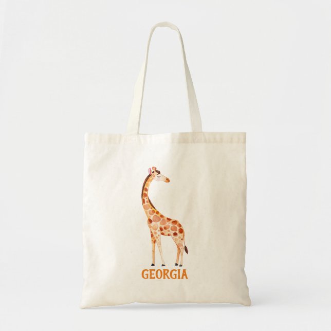 Watercolor Giraffe Safari Animal Kids Personalized Tote Bag (Front)