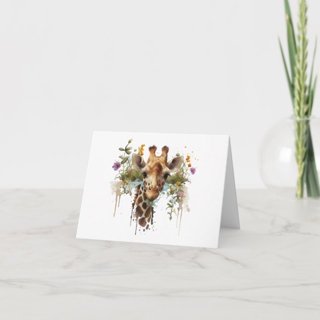 Watercolor Giraffe with Flowers BLANK  Card (Front)