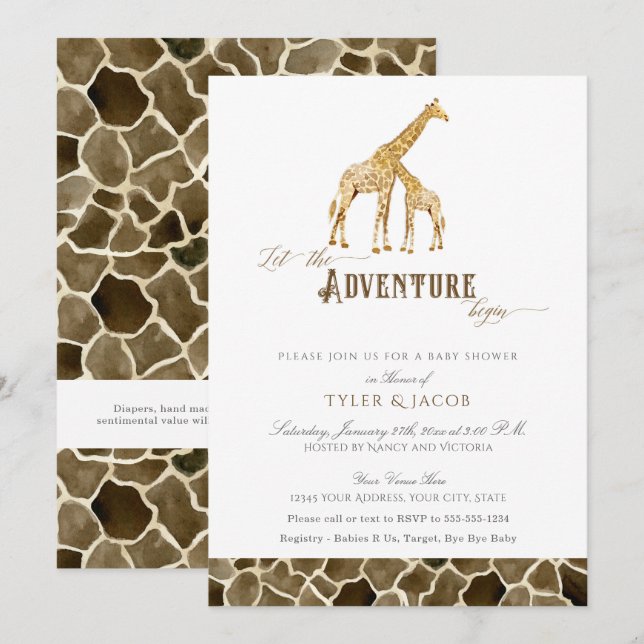 Watercolor Giraffes Safari Adventure Baby Shower Invitation (Front/Back)