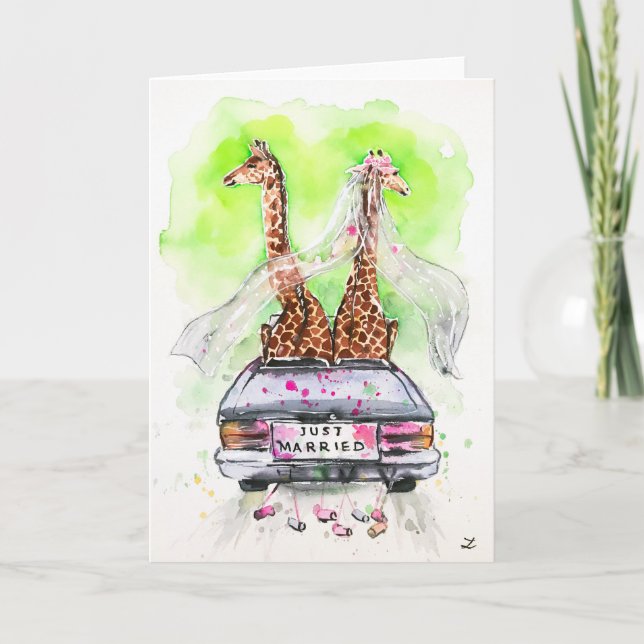Watercolor Giraffes Wedding Just Married Card (Front)