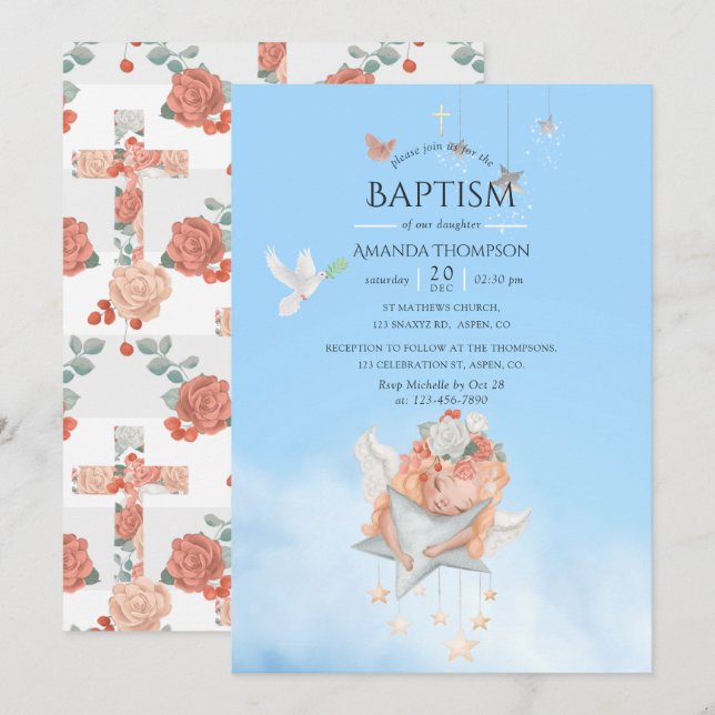 Watercolor Girl Angel Baptême Invitation (Devant / Derrière)