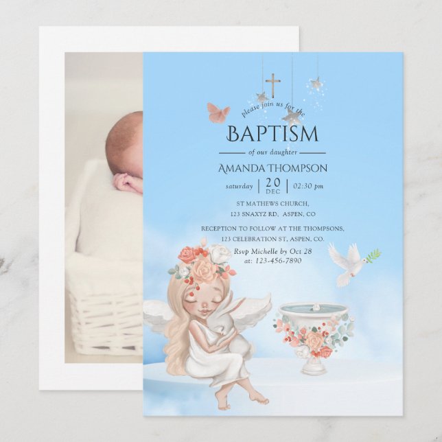 Watercolor Girl Angel Baptême Photo Invitation (Devant / Derrière)