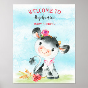 Watercolor Girl Cow Baby Shower Farm Baby Shower Poster