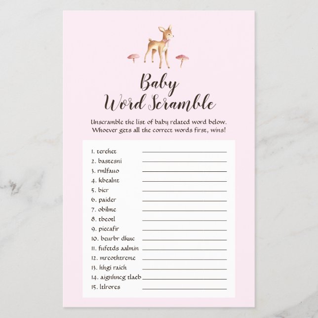 Watercolor Girl Deer Baby Word Scramble Game Flyer (Front)