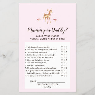 Watercolor Girl Deer Mushrooms Mummy or Daddy Game Flyer