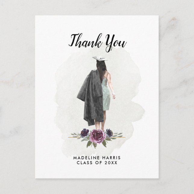 Watercolor Girl Floral Custom Photo Graduation Postcard (Front)
