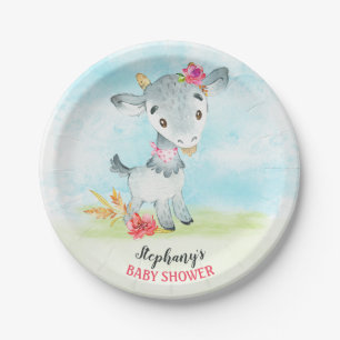 Watercolor Girl Goat Baby Shower Farm Paper Plate