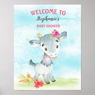 Watercolor Girl Goat Baby Shower Farm Poster