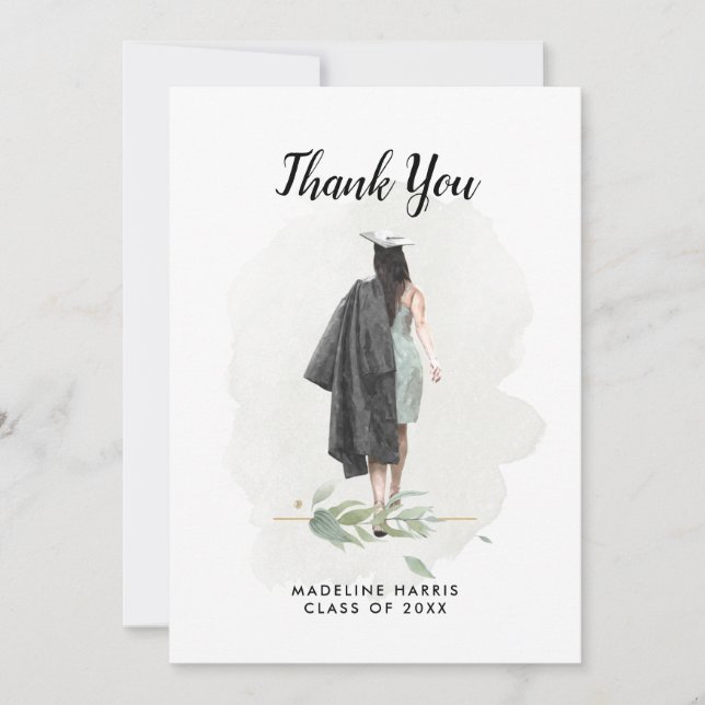 Watercolor Girl Greenery Custom Photo Graduation Thank You Card (Front)