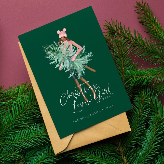 Watercolor Girl Holding Evergreen Christmas Tree Holiday Card (Watercolor Girl Holding Evergreen Christmas Tree Holiday Card)