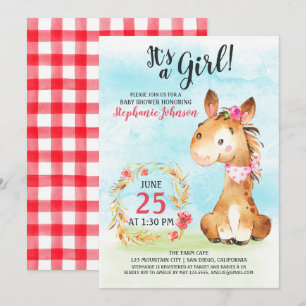 Watercolor Girl Horse Baby Shower Farm Invitation