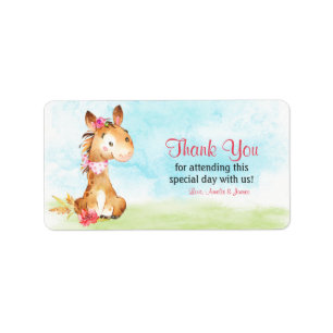 Watercolor Girl Horse Baby Shower Farm Thank You Label