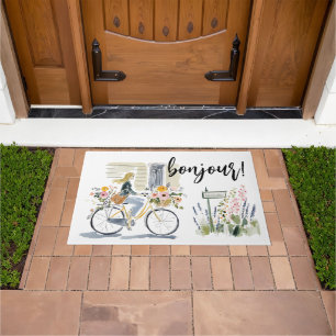 Watercolor Girl in the Bicycle Bonjour! Doormat