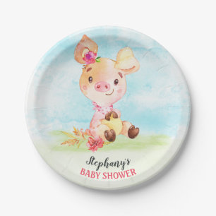 Watercolor Girl Piggy Baby Shower Farm Paper Plate