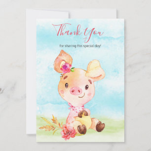 Watercolor Girl Piggy Farm Thank You Card