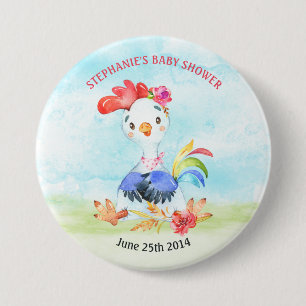 Watercolor Girl Rooster Baby Shower Farm 3 Inch Round Button