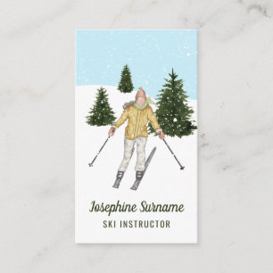 Watercolor Girl Skiing On Slopes Ski Instructor Business Card