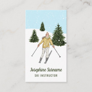 Watercolor Girl Skiing On Slopes Ski Instructor Business Card