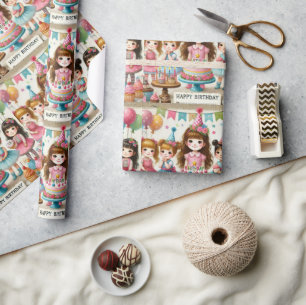 Watercolor Girls Happy Birthday Wrapping Paper